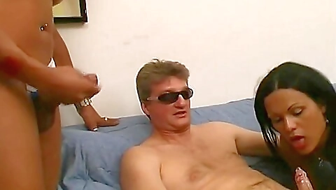 Blonde brunette has a dildo and a dick in a retro threesome