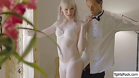 Busty blonde babe in lingerie gets fucked from behind