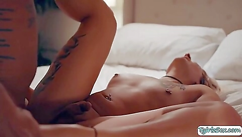 Busty shemale gets her ass and mouth drilled after anal