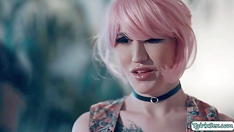 Trans babe gives a blowjob to a guy and gets her pussy fucked hard